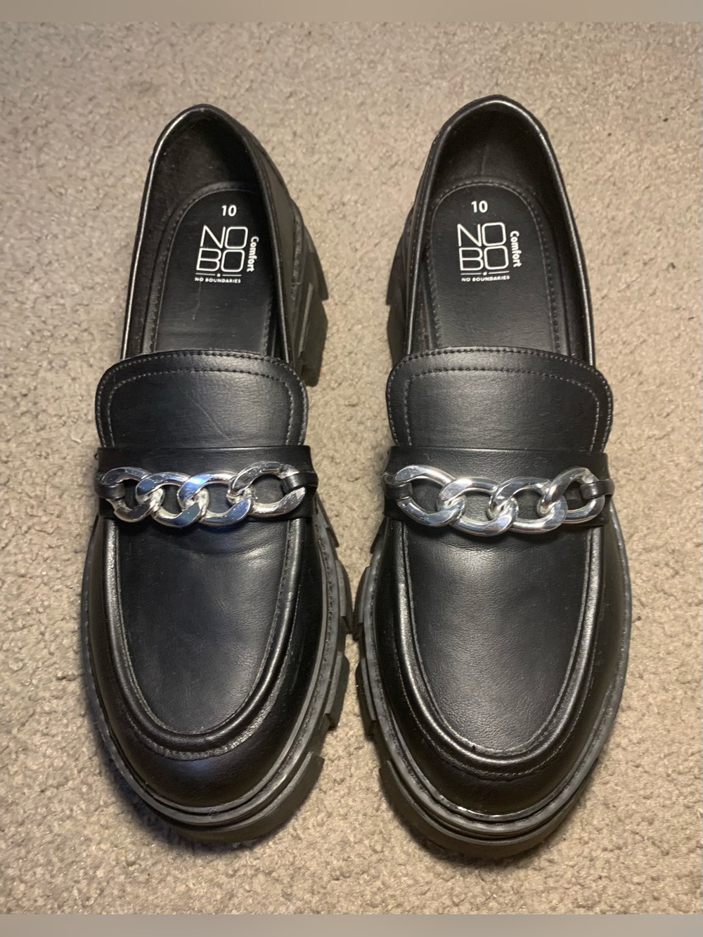 NOBO Black Leather Loafers with Silver Chain Accent
